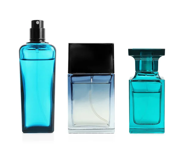Conjunto Com Diferentes Frascos Perfume Branco Fundo Branco — Fotografia de Stock