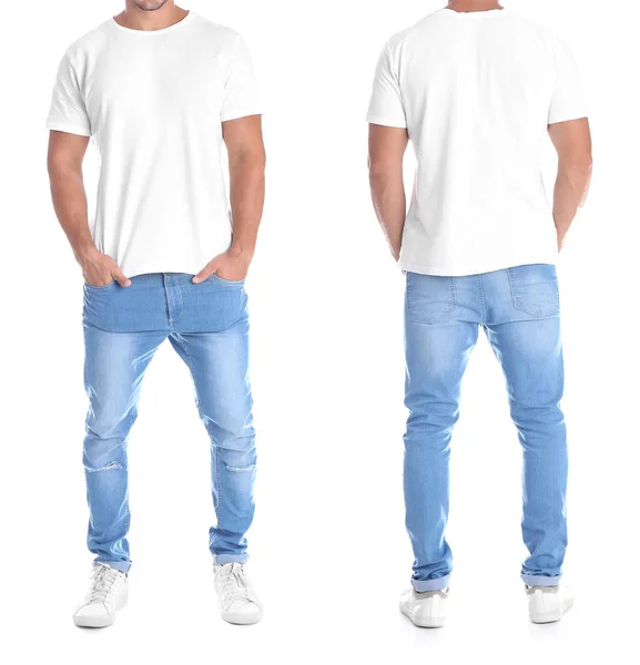 Homem Shirt Branco Fundo Branco Frente Verso Mock Para Projeto — Fotografia de Stock