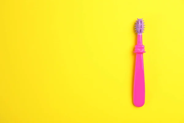 Manual Toothbrush Child Color Background Top View Space Text — Stock Photo, Image