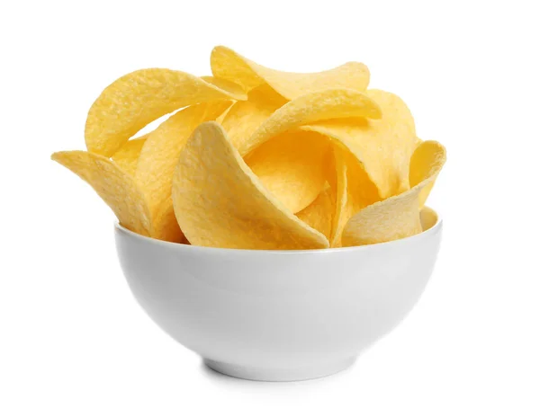 Bowl Tasty Crispy Potato Chips White Background — Stock Photo, Image