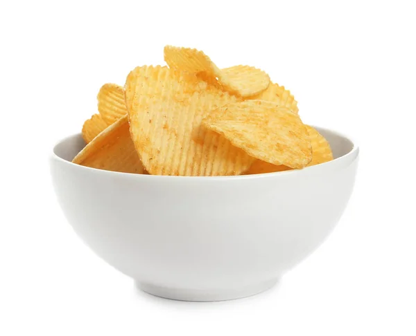 Tál Ízletes Csíkokban Burgonya Chips Fehér Háttér — Stock Fotó