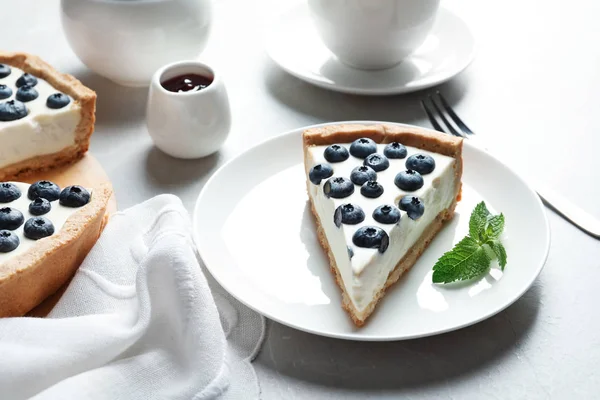 Plate Piece Tasty Blueberry Cake Gray Table — Stock Photo, Image
