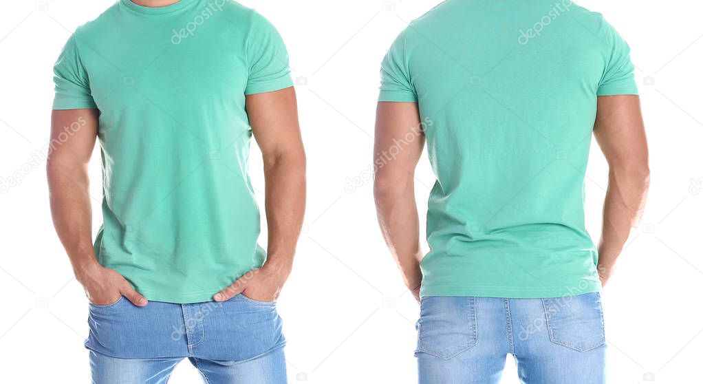 Man in blank green t-shirt on white background, front and back views. Mock up for design