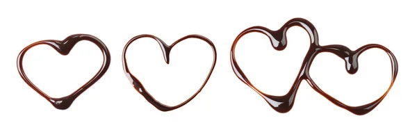 Set Mit Herzen Aus Geschmolzener Schokolade Auf Weißem Hintergrund — Stockfoto