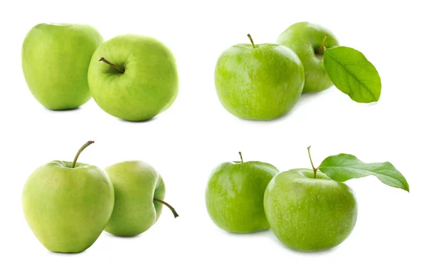 Set Con Deliciosas Manzanas Verdes Sobre Fondo Blanco — Foto de Stock