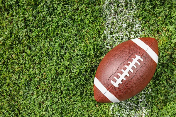 Ball American Football Fresh Green Field Grass Top View Space — Stock Photo, Image