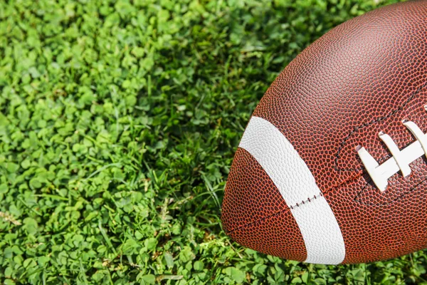 Ball American Football Fresh Green Field Grass Closeup Space Text — Stock Photo, Image