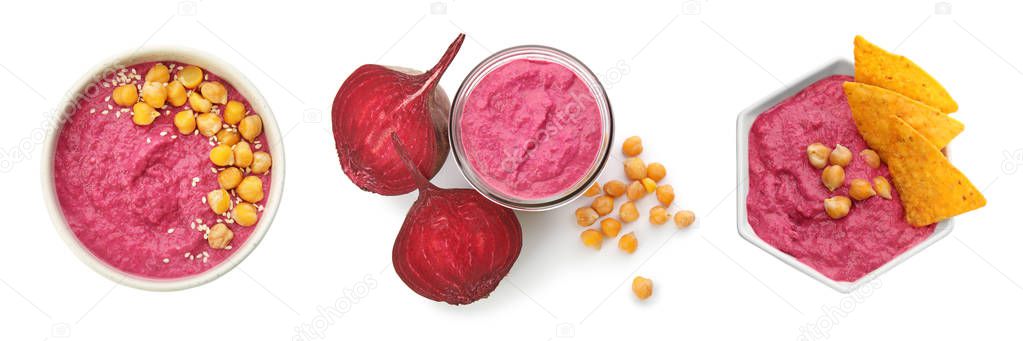 Set with fresh beet hummus on white background, top view