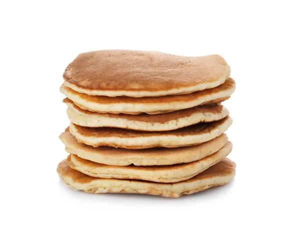 Stack Med Varma Välsmakande Pannkakor Vit Bakgrund — Stockfoto