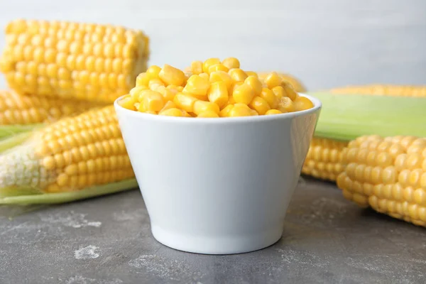 Bowl Corn Kernels Grey Table — Stock Photo, Image