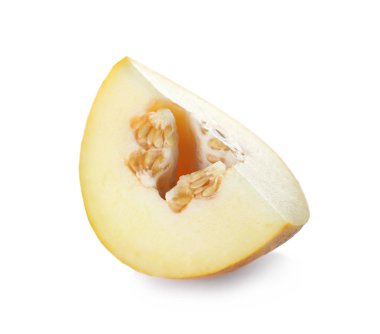 Beyaz zemin üzerine lezzetli Olgun kavun parçası