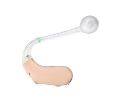 Beyaz arka planda, üstten görünüm işitme cihazı. Tıbbi cihaz