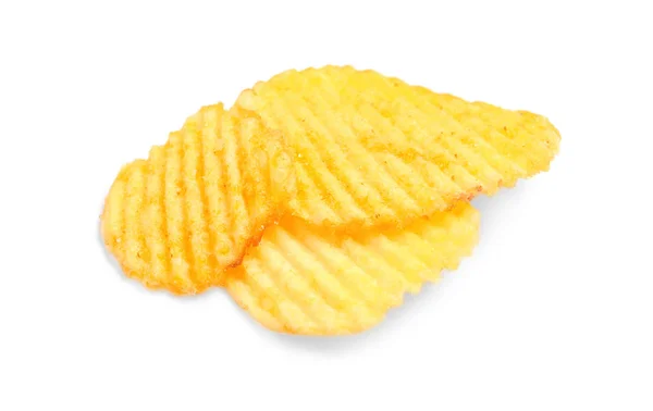 Lekkere Gerimpelde Potato Chips Witte Achtergrond — Stockfoto