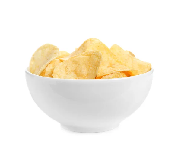 Tigela Saborosas Batatas Fritas Crocantes Fundo Branco — Fotografia de Stock