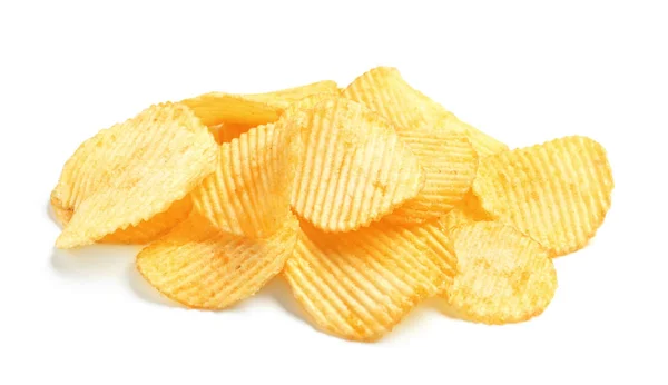 Välsmakande Räfflad Potatis Chips Vit Bakgrund — Stockfoto