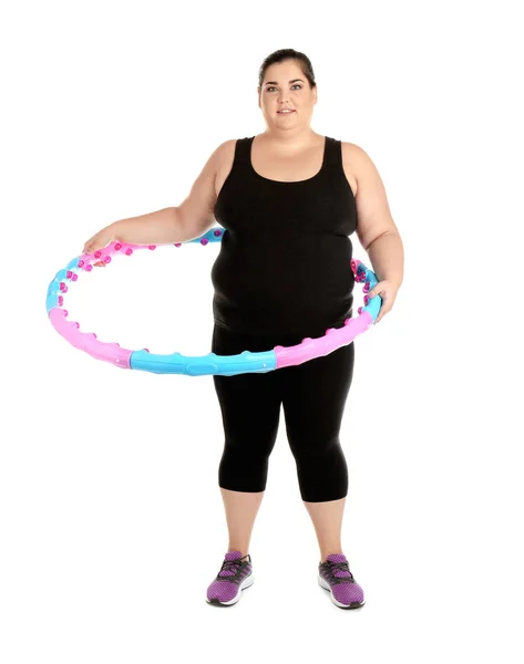 Obézní Žena Hula Hoop Bílém Pozadí — Stock fotografie
