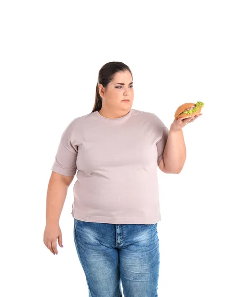 Overgewicht Vrouw Met Hamburger Witte Achtergrond — Stockfoto