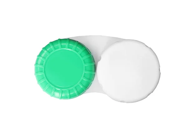 Container Mit Kontaktlinsen Auf Weißem Hintergrund Draufsicht Medizinischer Artikel — Stockfoto