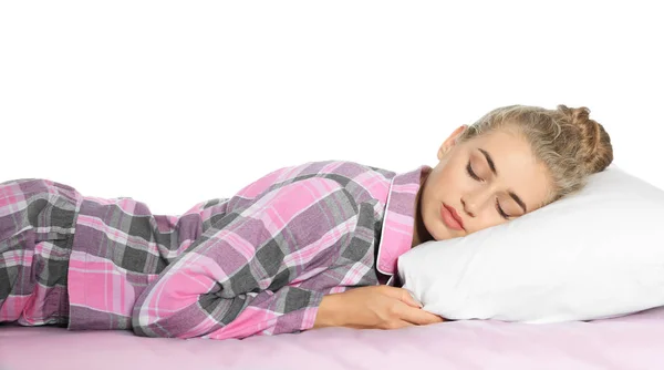 Hermosa Mujer Durmiendo Con Almohada Cómoda Cama Sobre Fondo Blanco — Foto de Stock