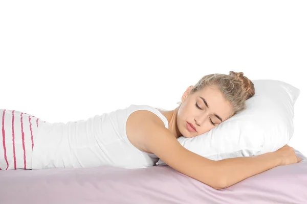 Beautiful Woman Sleeping Comfortable Pillow Bed White Background — Stock Photo, Image