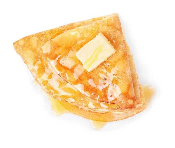 Pancake Tipis Lezat Dengan Sirup Maple Dan Mentega Latar Belakang — Stok Foto