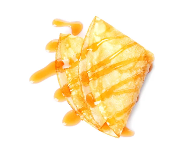 Pancake Tipis Lezat Dengan Sirup Maple Latar Belakang Putih Tampilan — Stok Foto