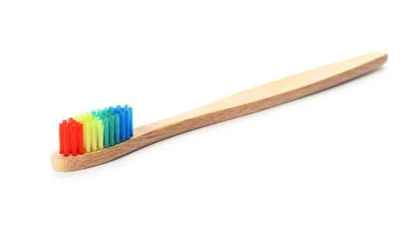 Escova Dentes Feita Bambu Fundo Branco — Fotografia de Stock