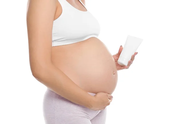 Gravid Kvinna Som Håller Kroppen Grädde Vit Bakgrund Närbild — Stockfoto