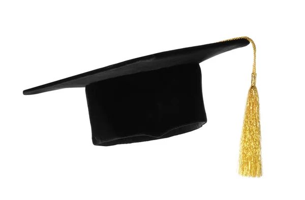 Mezuniyet Şapka Ile Üzerine Beyaz Izole Altın Püskül — Stok fotoğraf
