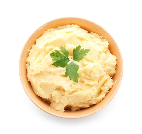 Kom Met Lekkere Aardappelpuree Witte Achtergrond Bovenaanzicht — Stockfoto