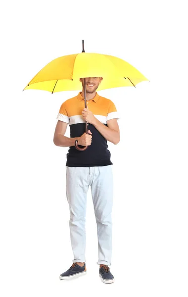 Hombre Con Paraguas Amarillo Sobre Fondo Blanco — Foto de Stock