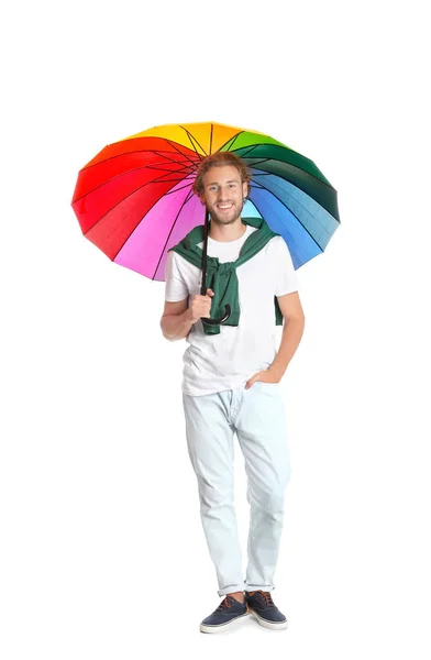 Człowiek Rainbow Parasol Białym Tle — Zdjęcie stockowe