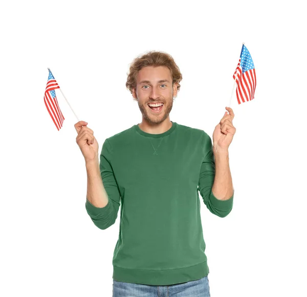 Jeune Homme Avec Des Drapeaux Américains Sur Fond Blanc — Photo