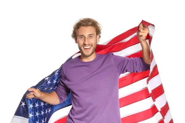 Beyaz Zemin Üzerine Amerikan Bayrağı Ile Genç Adam — Stok fotoğraf