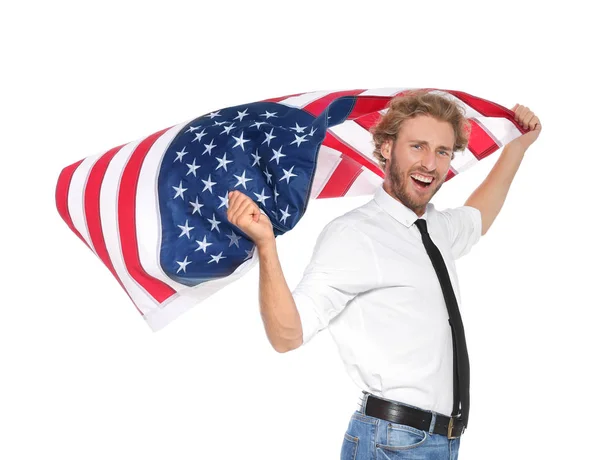 Jovem Com Bandeira Americana Sobre Fundo Branco — Fotografia de Stock