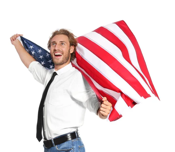 Joven Con Bandera Americana Sobre Fondo Blanco —  Fotos de Stock