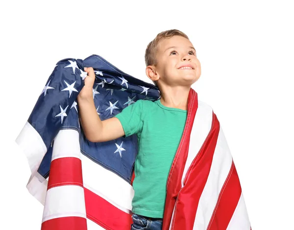 Niño Pequeño Con Bandera Americana Sobre Fondo Blanco —  Fotos de Stock