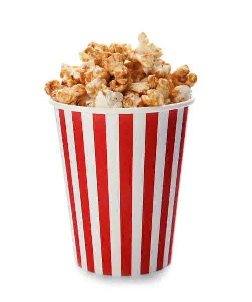Kartong Kopp Med Läckra Färska Popcorn Vit Bakgrund — Stockfoto