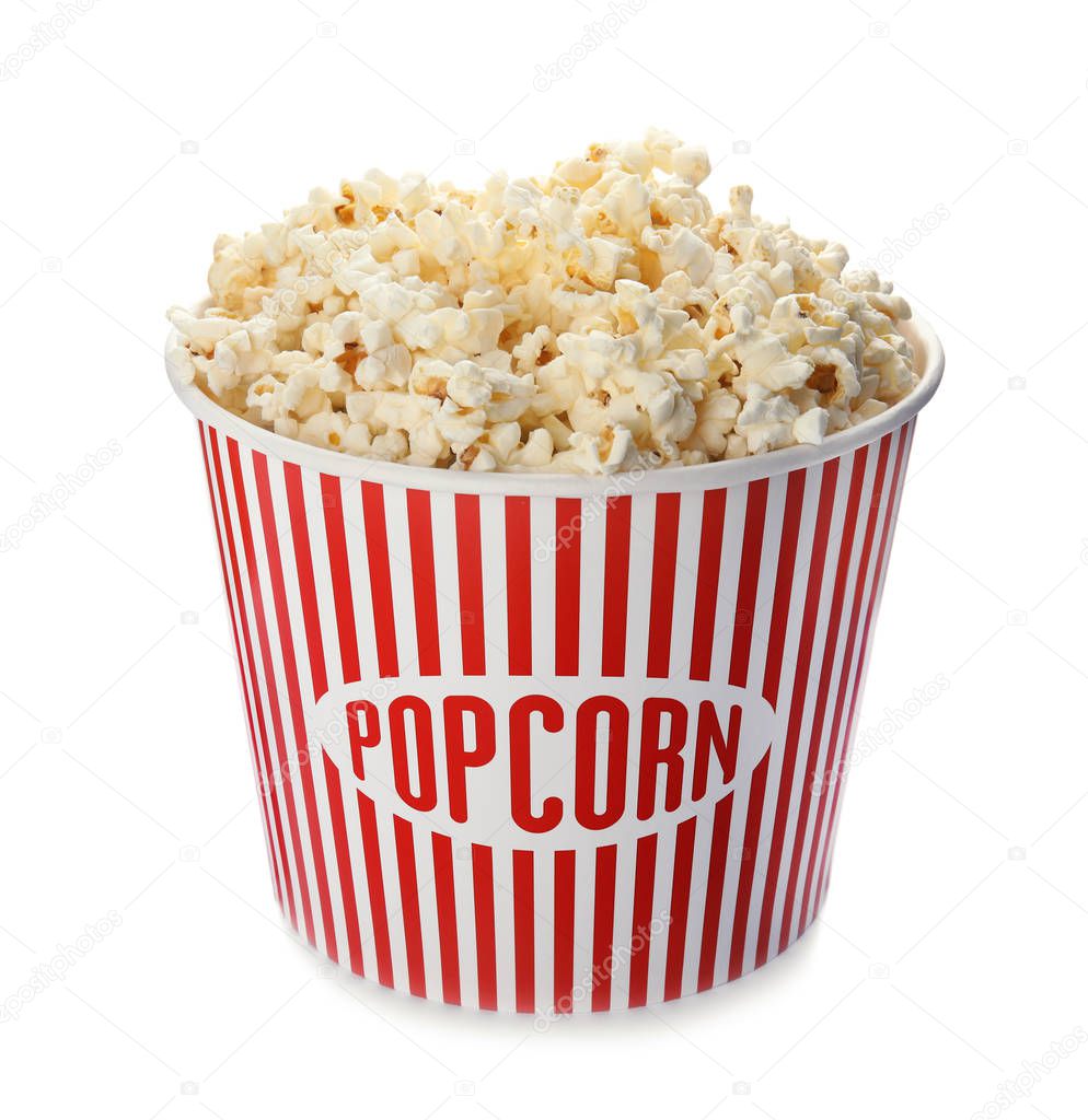 Carton bucket with delicious fresh popcorn on white background