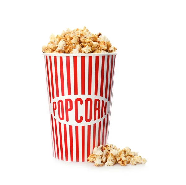 Kartonnen Beker Met Heerlijke Verse Popcorn Witte Achtergrond — Stockfoto