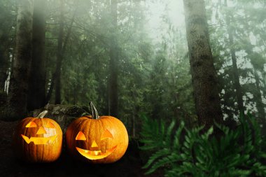 Cadılar Bayramı Balkabağı kafa jack fener yerde karanlık korkunç orman