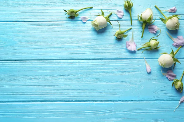 Flat Lay Composition Beautiful Blooming Flowers Wooden Background — Stock Photo, Image