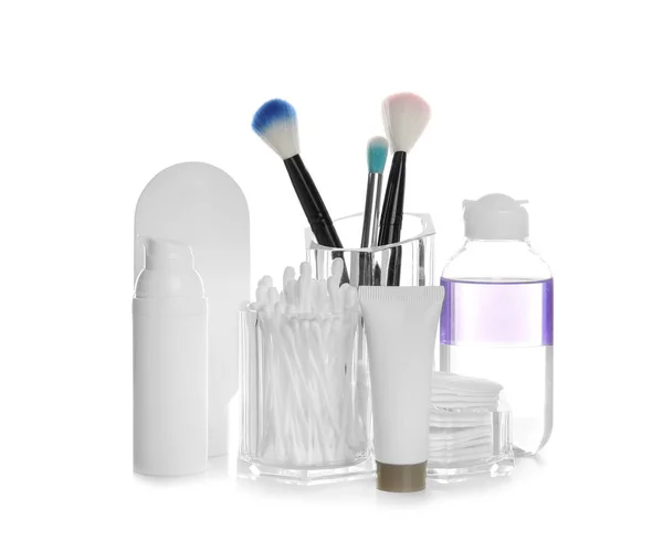 Cosmetic Products Holder Brushes Cotton Swabs Pads White Background — Stock Photo, Image