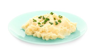 Plaka beyaz zemin üzerine lezzetli patates püresi ile