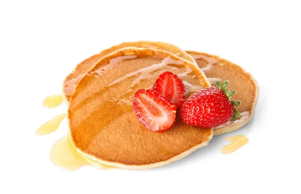 Pancake Lezat Dengan Sirup Maple Dan Berry Segar Pada Latar — Stok Foto