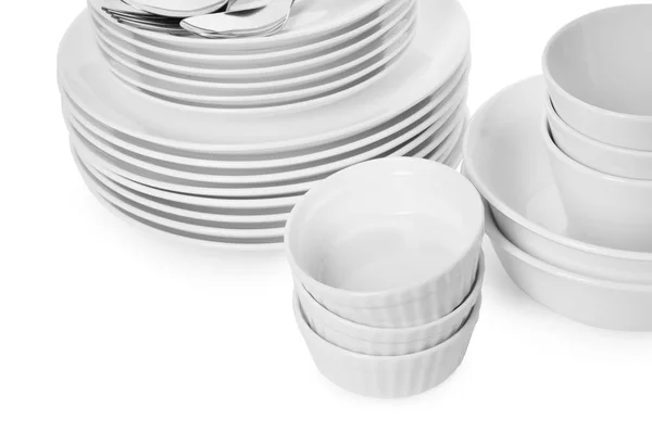 Conjunto Utensílios Mesa Limpos Sobre Fundo Branco Close Lavagem Pratos — Fotografia de Stock