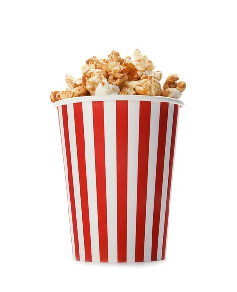 Kartonnen Beker Met Heerlijke Verse Popcorn Witte Achtergrond — Stockfoto