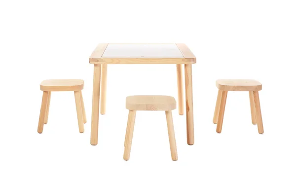 Fából Készült Asztal Székek Elszigetelt Fehér Gyerekek — Stock Fotó