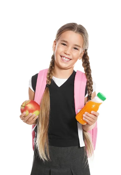 Colegiala Con Comida Saludable Mochila Sobre Fondo Blanco —  Fotos de Stock