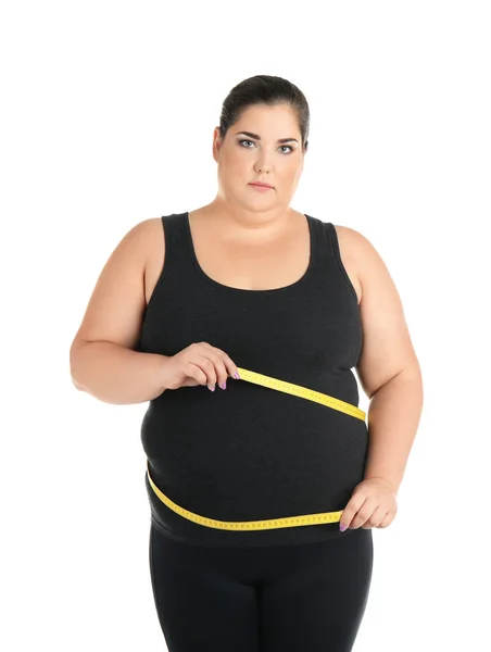 Vrouw Met Overgewicht Met Meetlint Witte Achtergrond — Stockfoto